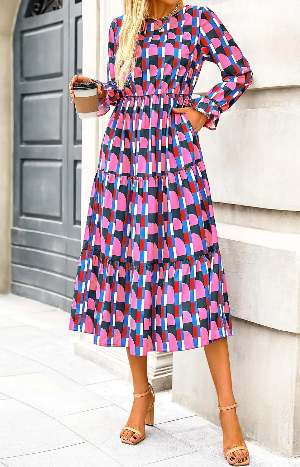 KIRUNDO Womens Spring Dresses Long Sleeve Midi Dress Boho Floral Print Crewneck Casual Wedding Guest Dress with Pockets