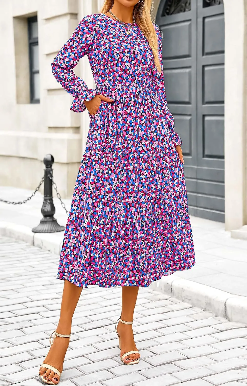 KIRUNDO Womens Spring Dresses Long Sleeve Midi Dress Boho Floral Print Crewneck Casual Wedding Guest Dress with Pockets