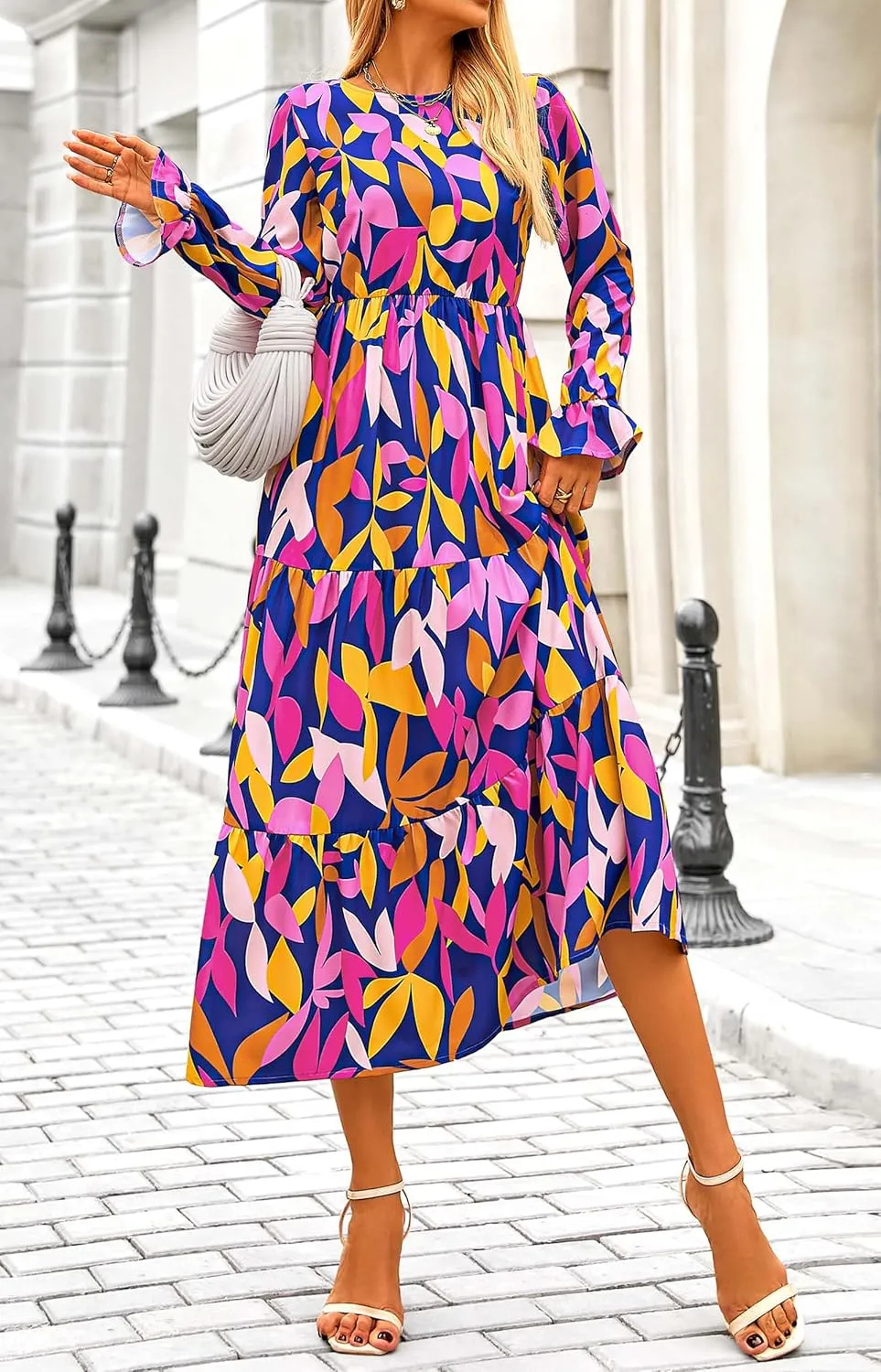 KIRUNDO Womens Spring Dresses Long Sleeve Midi Dress Boho Floral Print Crewneck Casual Wedding Guest Dress with Pockets