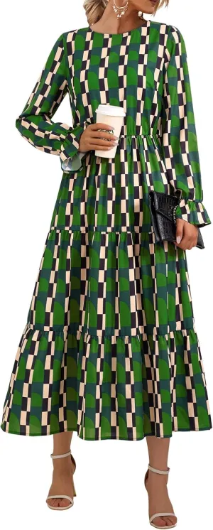 KIRUNDO Womens Spring Dresses Long Sleeve Midi Dress Boho Floral Print Crewneck Casual Wedding Guest Dress with Pockets