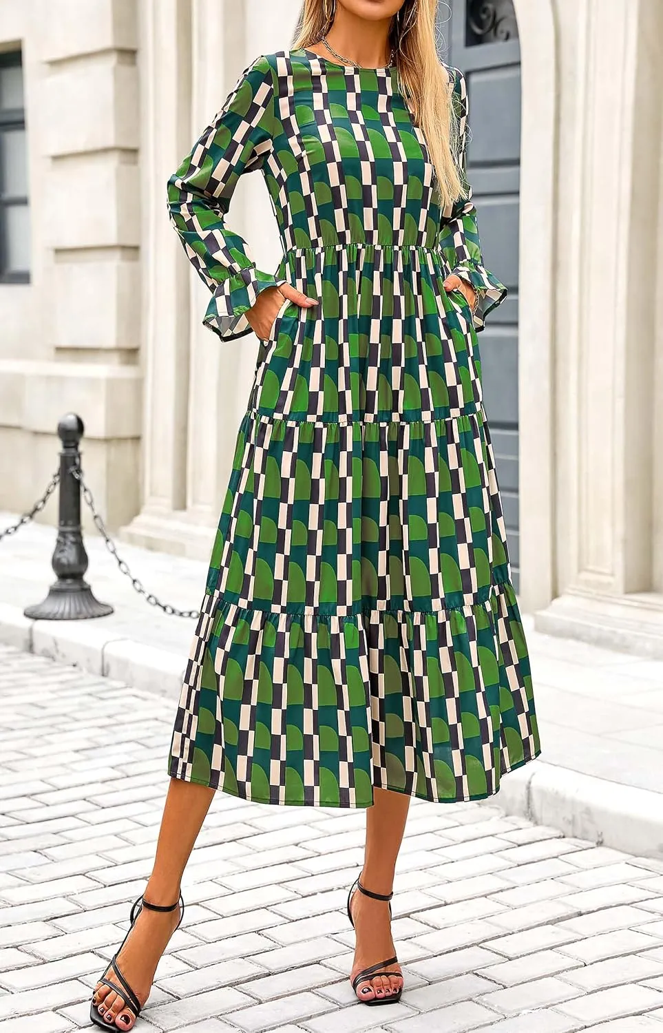 KIRUNDO Womens Spring Dresses Long Sleeve Midi Dress Boho Floral Print Crewneck Casual Wedding Guest Dress with Pockets