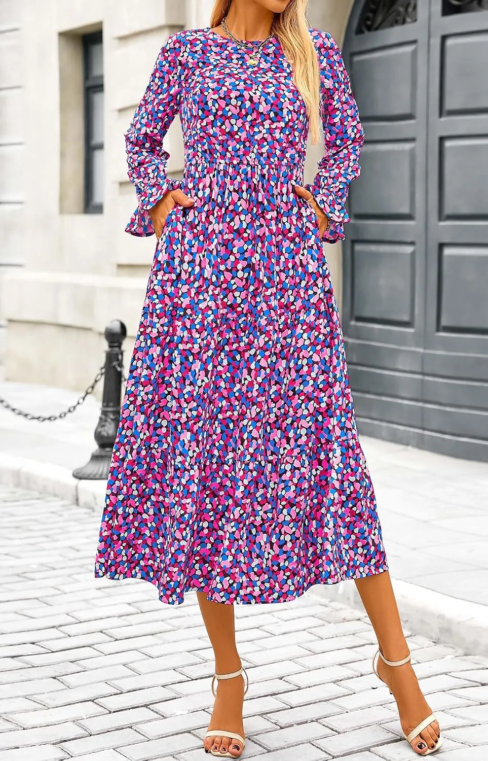 KIRUNDO Womens Spring Dresses Long Sleeve Midi Dress Boho Floral Print Crewneck Casual Wedding Guest Dress with Pockets