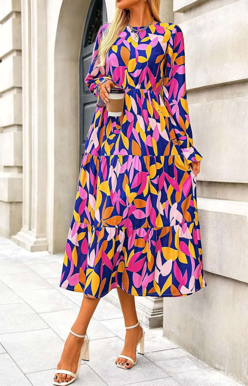 KIRUNDO Womens Spring Dresses Long Sleeve Midi Dress Boho Floral Print Crewneck Casual Wedding Guest Dress with Pockets