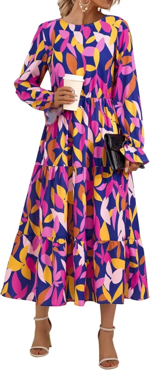 KIRUNDO Womens Spring Dresses Long Sleeve Midi Dress Boho Floral Print Crewneck Casual Wedding Guest Dress with Pockets