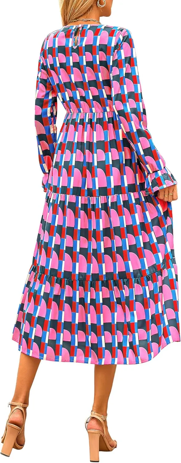 KIRUNDO Womens Spring Dresses Long Sleeve Midi Dress Boho Floral Print Crewneck Casual Wedding Guest Dress with Pockets