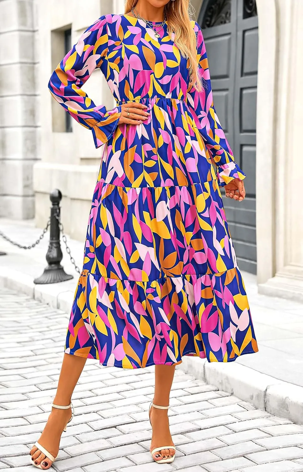 KIRUNDO Womens Spring Dresses Long Sleeve Midi Dress Boho Floral Print Crewneck Casual Wedding Guest Dress with Pockets