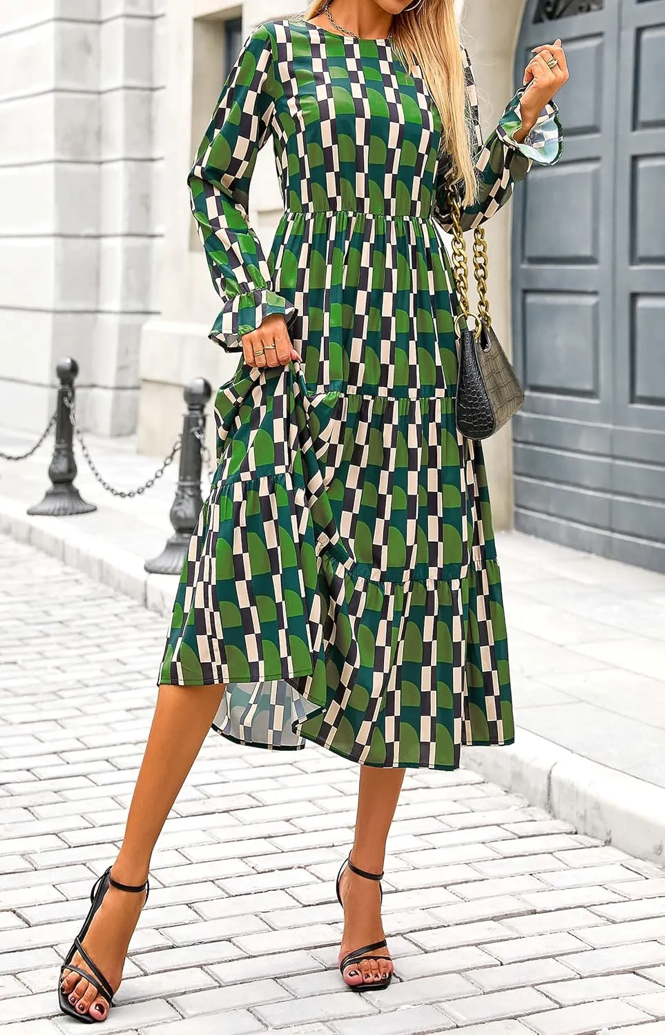 KIRUNDO Womens Spring Dresses Long Sleeve Midi Dress Boho Floral Print Crewneck Casual Wedding Guest Dress with Pockets