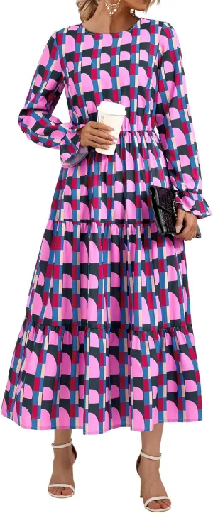 KIRUNDO Womens Spring Dresses Long Sleeve Midi Dress Boho Floral Print Crewneck Casual Wedding Guest Dress with Pockets