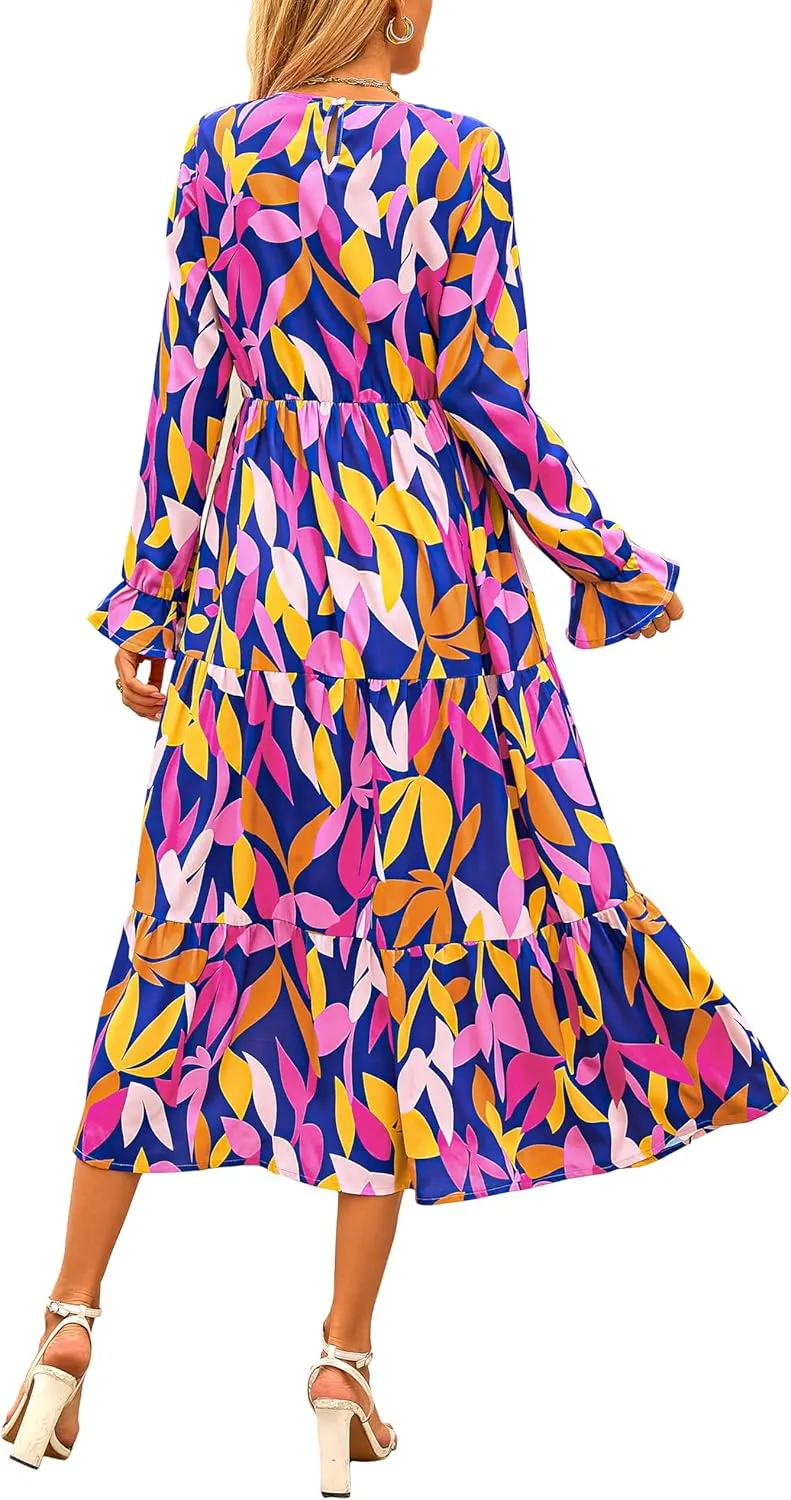 KIRUNDO Womens Spring Dresses Long Sleeve Midi Dress Boho Floral Print Crewneck Casual Wedding Guest Dress with Pockets