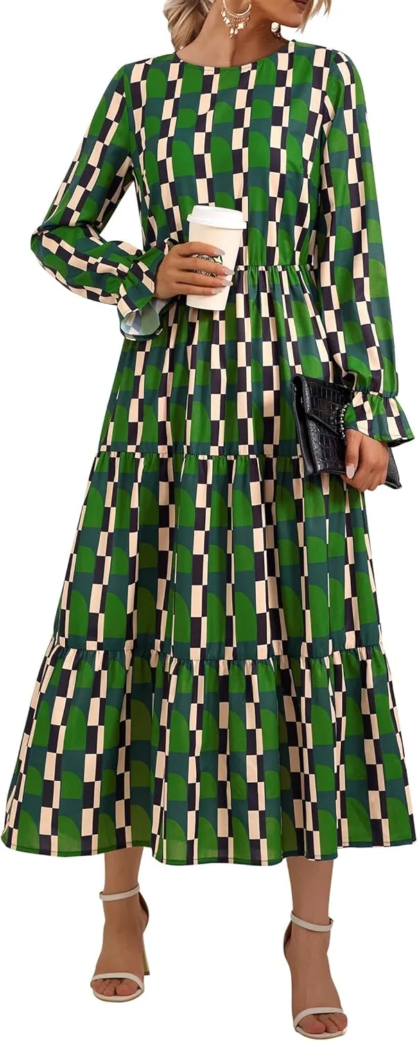 KIRUNDO Womens Spring Dresses Long Sleeve Midi Dress Boho Floral Print Crewneck Casual Wedding Guest Dress with Pockets