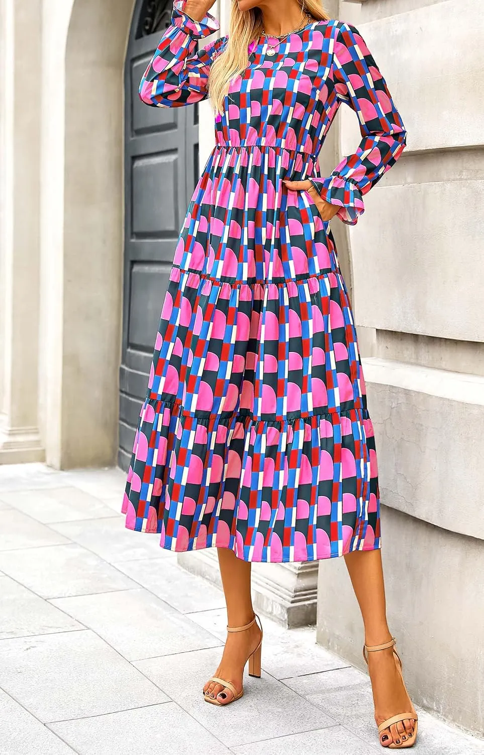 KIRUNDO Womens Spring Dresses Long Sleeve Midi Dress Boho Floral Print Crewneck Casual Wedding Guest Dress with Pockets