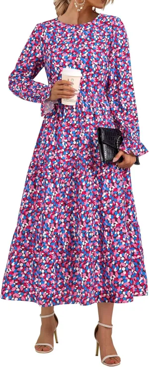 KIRUNDO Womens Spring Dresses Long Sleeve Midi Dress Boho Floral Print Crewneck Casual Wedding Guest Dress with Pockets