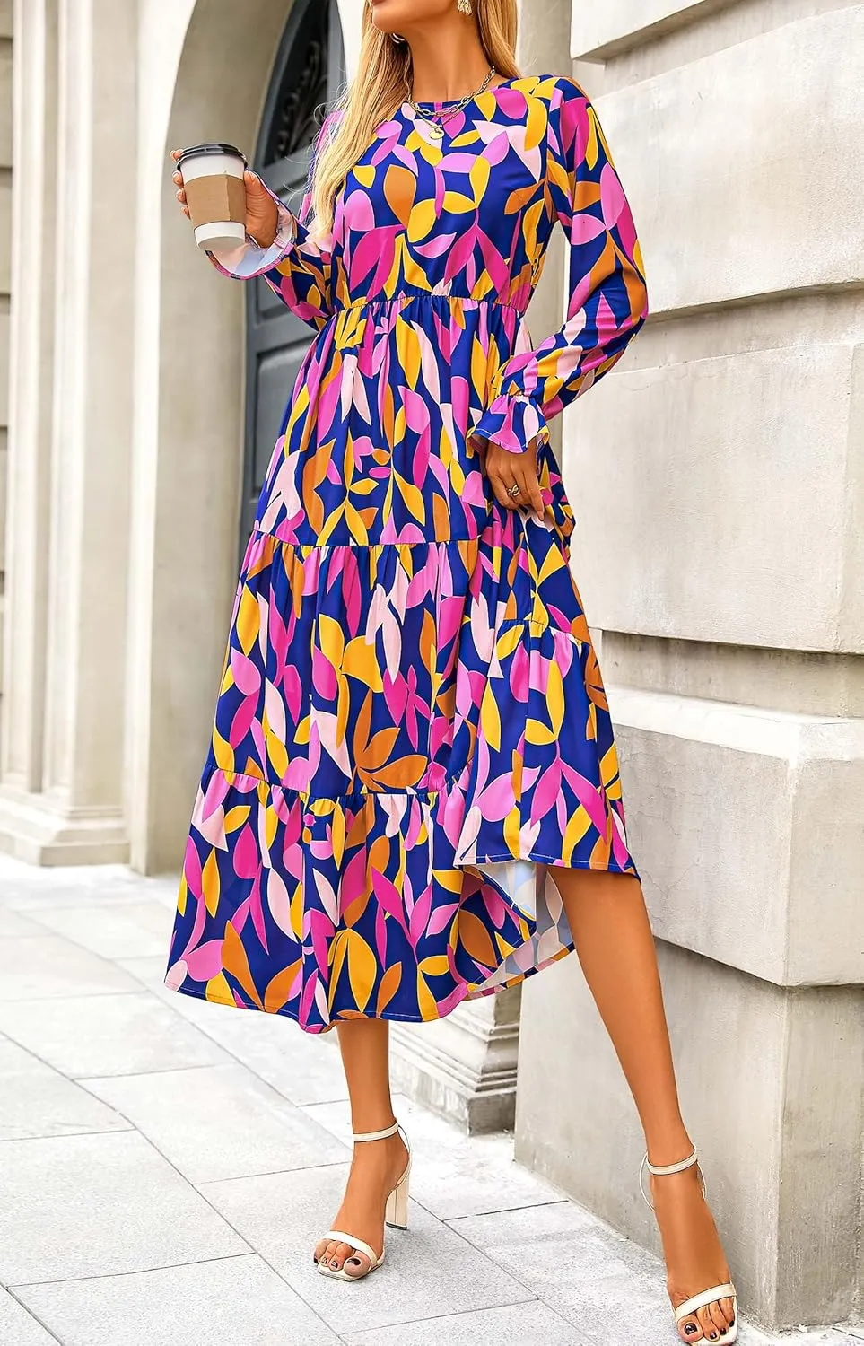 KIRUNDO Womens Spring Dresses Long Sleeve Midi Dress Boho Floral Print Crewneck Casual Wedding Guest Dress with Pockets