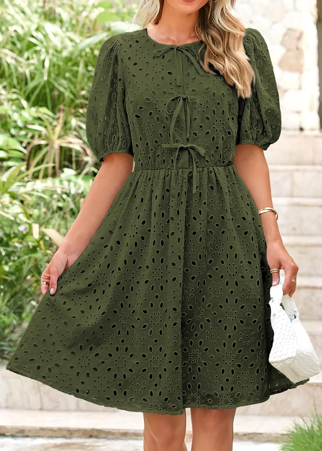 KIRUNDO Womens Summer Dresses 2025 Short Puff Sleeve Open Tie Front Eyelet Hollow Out A Line Wedding Guest Beach Sundress