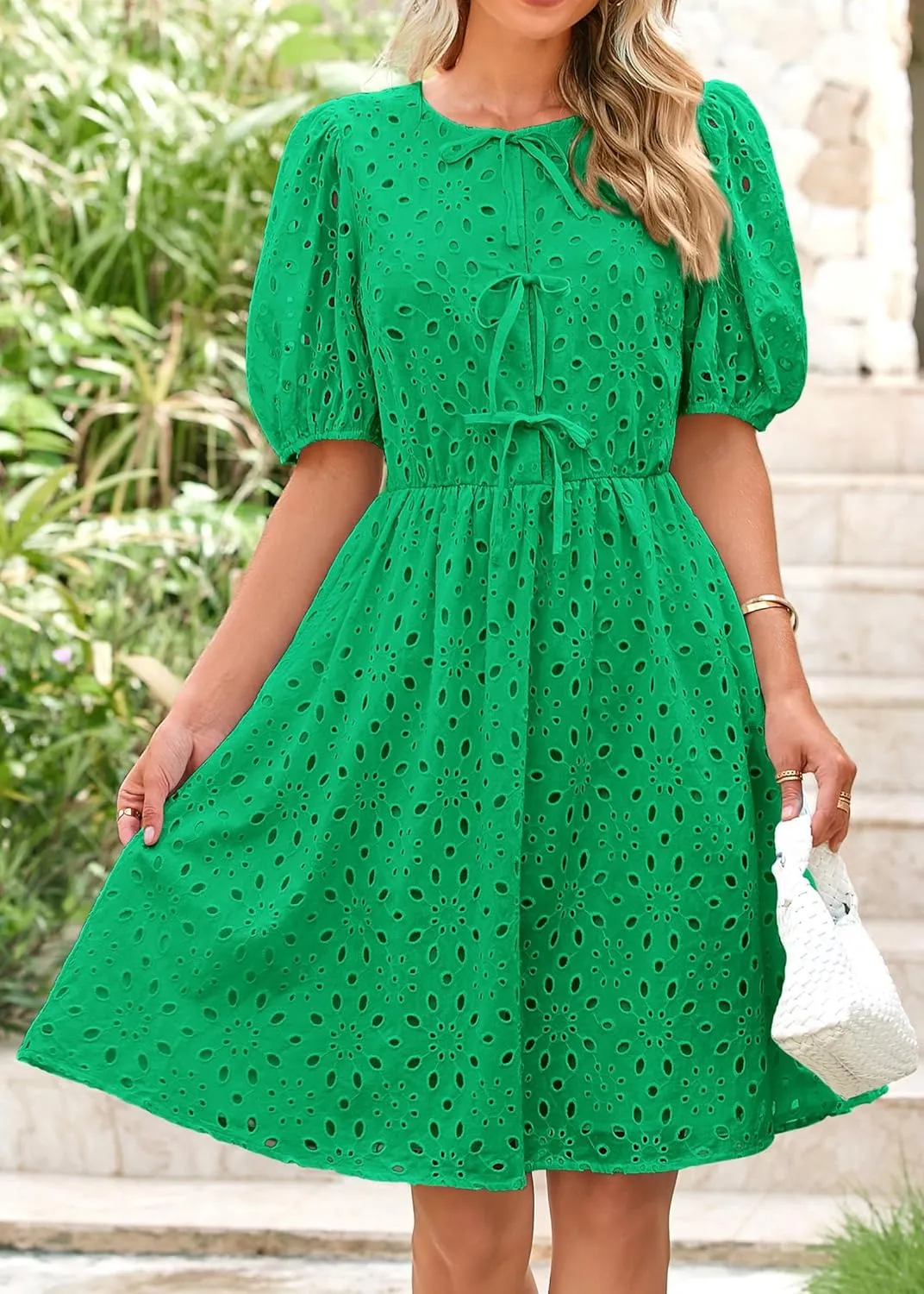 KIRUNDO Womens Summer Dresses 2025 Short Puff Sleeve Open Tie Front Eyelet Hollow Out A Line Wedding Guest Beach Sundress