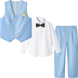 LOLANTA Boys' 4-Piece Formal Suit, Wedding Ring Bearer Outfit Vest Pants with Dress Shirt Bow Tie for Graduation 2-13 Years