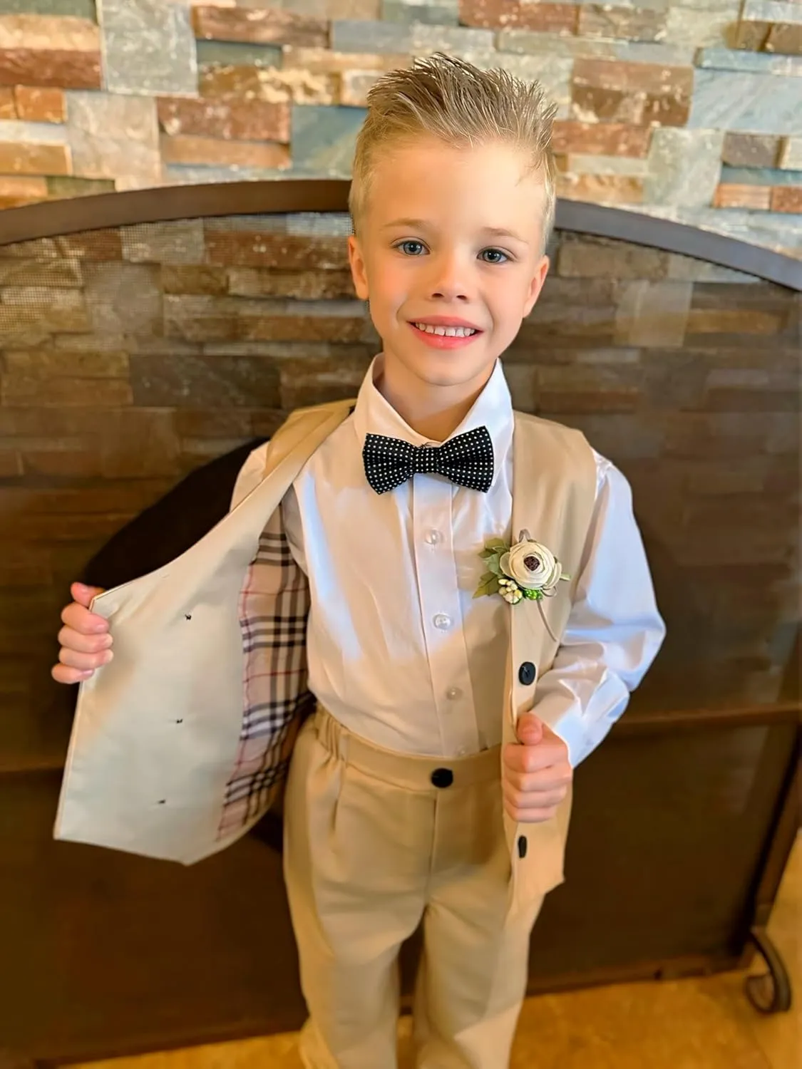 LOLANTA Boys' 4-Piece Formal Suit, Wedding Ring Bearer Outfit Vest Pants with Dress Shirt Bow Tie for Graduation 2-13 Years