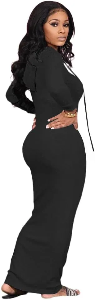 Long Sleeve Bodycon Maxi Dress for Women One Piece Hoodie Sweatshirt Dresses