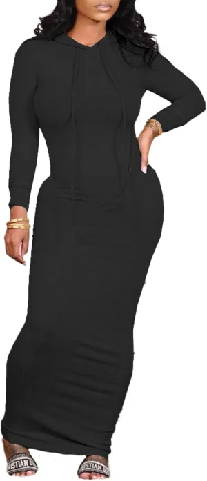 Long Sleeve Bodycon Maxi Dress for Women One Piece Hoodie Sweatshirt Dresses