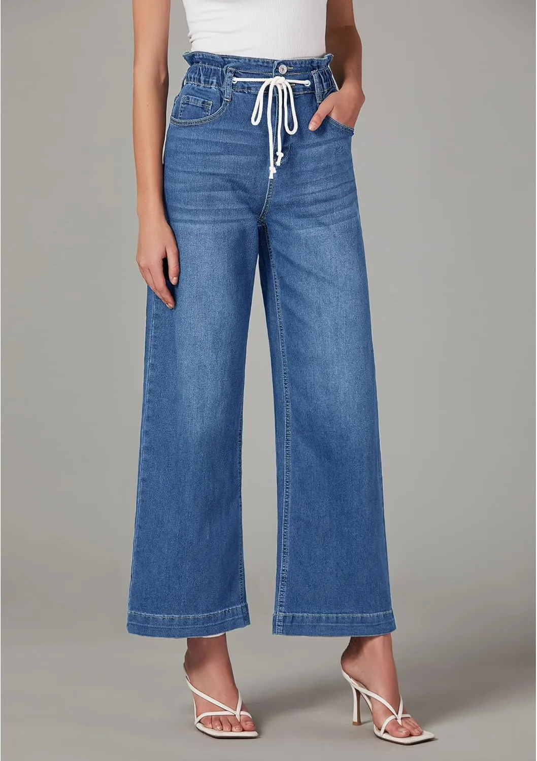 LookbookStore Womens Jeans Wide Leg High Waisted Trendy Elastic Wasit Drawstring Stretch Denim Pants Baggy Trouser Jeans