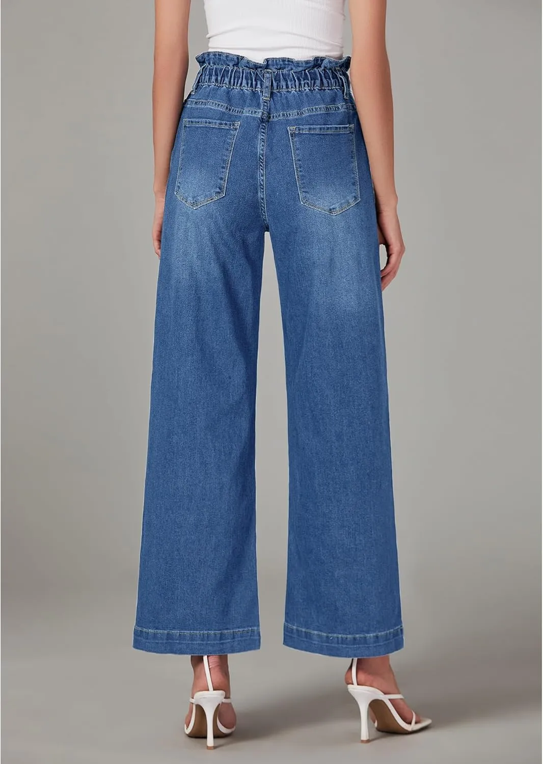 LookbookStore Womens Jeans Wide Leg High Waisted Trendy Elastic Wasit Drawstring Stretch Denim Pants Baggy Trouser Jeans