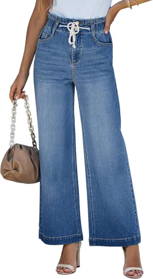LookbookStore Womens Jeans Wide Leg High Waisted Trendy Elastic Wasit Drawstring Stretch Denim Pants Baggy Trouser Jeans