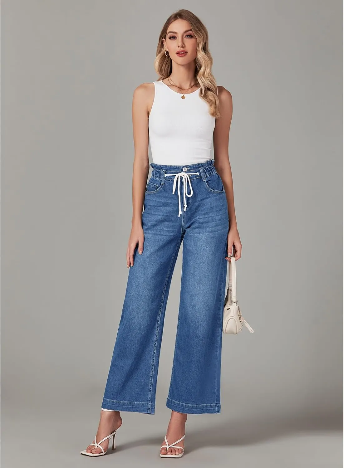 LookbookStore Womens Jeans Wide Leg High Waisted Trendy Elastic Wasit Drawstring Stretch Denim Pants Baggy Trouser Jeans