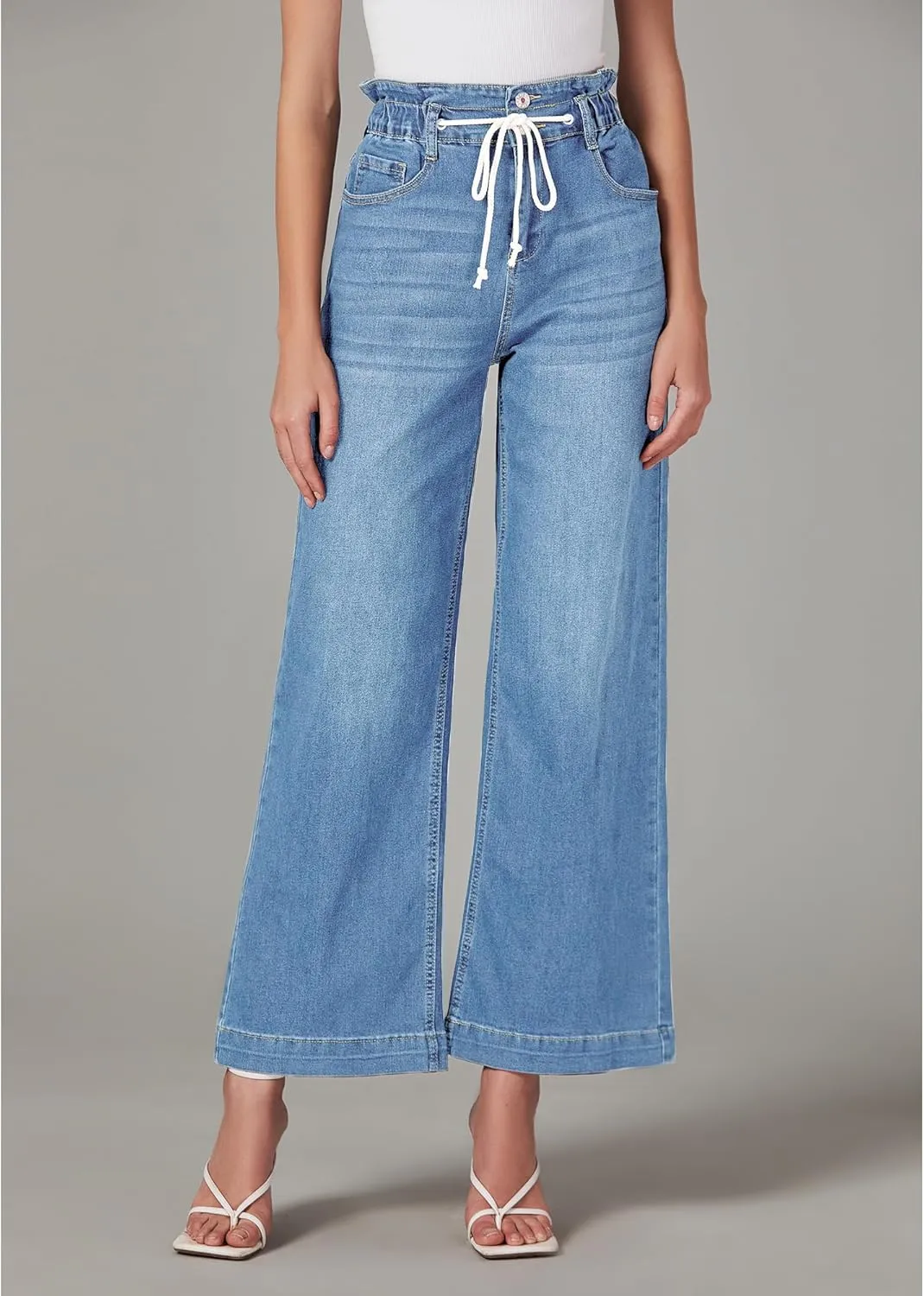 LookbookStore Womens Jeans Wide Leg High Waisted Trendy Elastic Wasit Drawstring Stretch Denim Pants Baggy Trouser Jeans