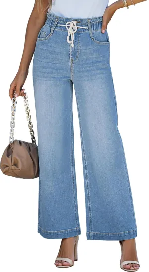 LookbookStore Womens Jeans Wide Leg High Waisted Trendy Elastic Wasit Drawstring Stretch Denim Pants Baggy Trouser Jeans