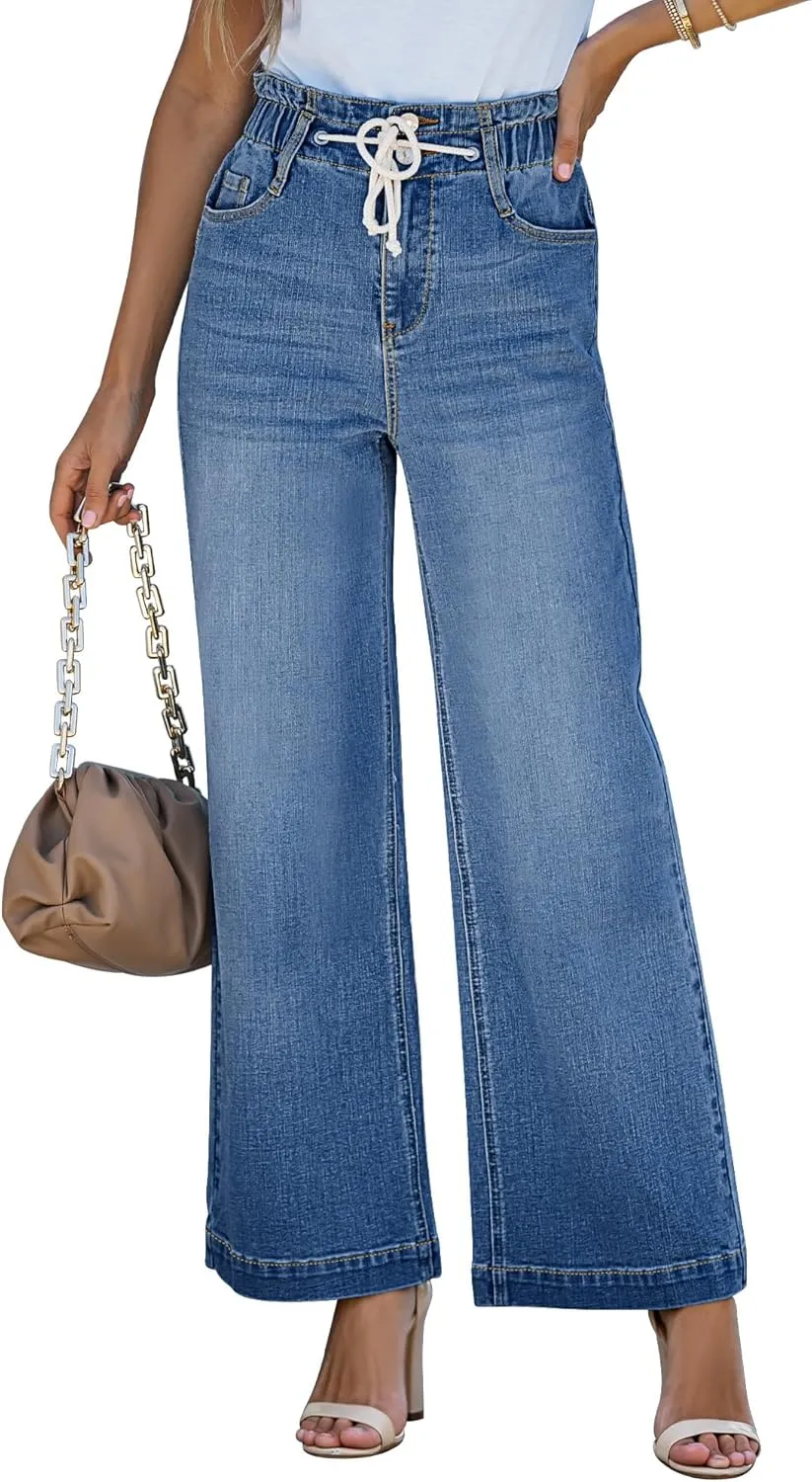 LookbookStore Womens Jeans Wide Leg High Waisted Trendy Elastic Wasit Drawstring Stretch Denim Pants Baggy Trouser Jeans