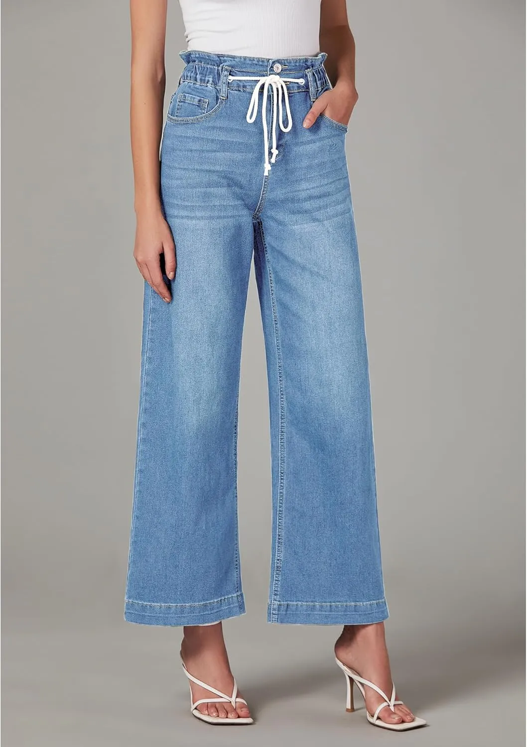 LookbookStore Womens Jeans Wide Leg High Waisted Trendy Elastic Wasit Drawstring Stretch Denim Pants Baggy Trouser Jeans