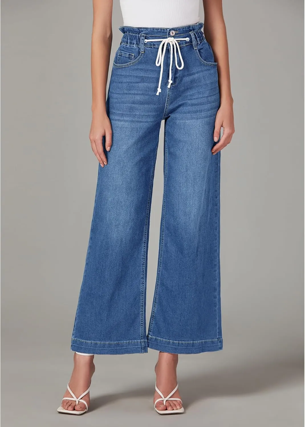 LookbookStore Womens Jeans Wide Leg High Waisted Trendy Elastic Wasit Drawstring Stretch Denim Pants Baggy Trouser Jeans