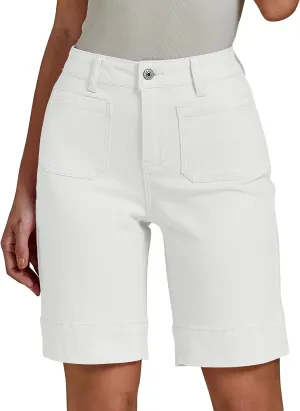 luvamia Bermuda Shorts for Women High Waisted Trendy Patch Pocket Casual Vintage Long Stretchy Denim Shorts Summer Jorts