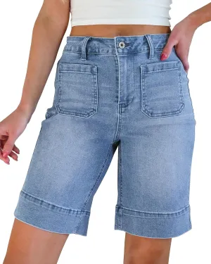 luvamia Bermuda Shorts for Women High Waisted Trendy Patch Pocket Casual Vintage Long Stretchy Denim Shorts Summer Jorts