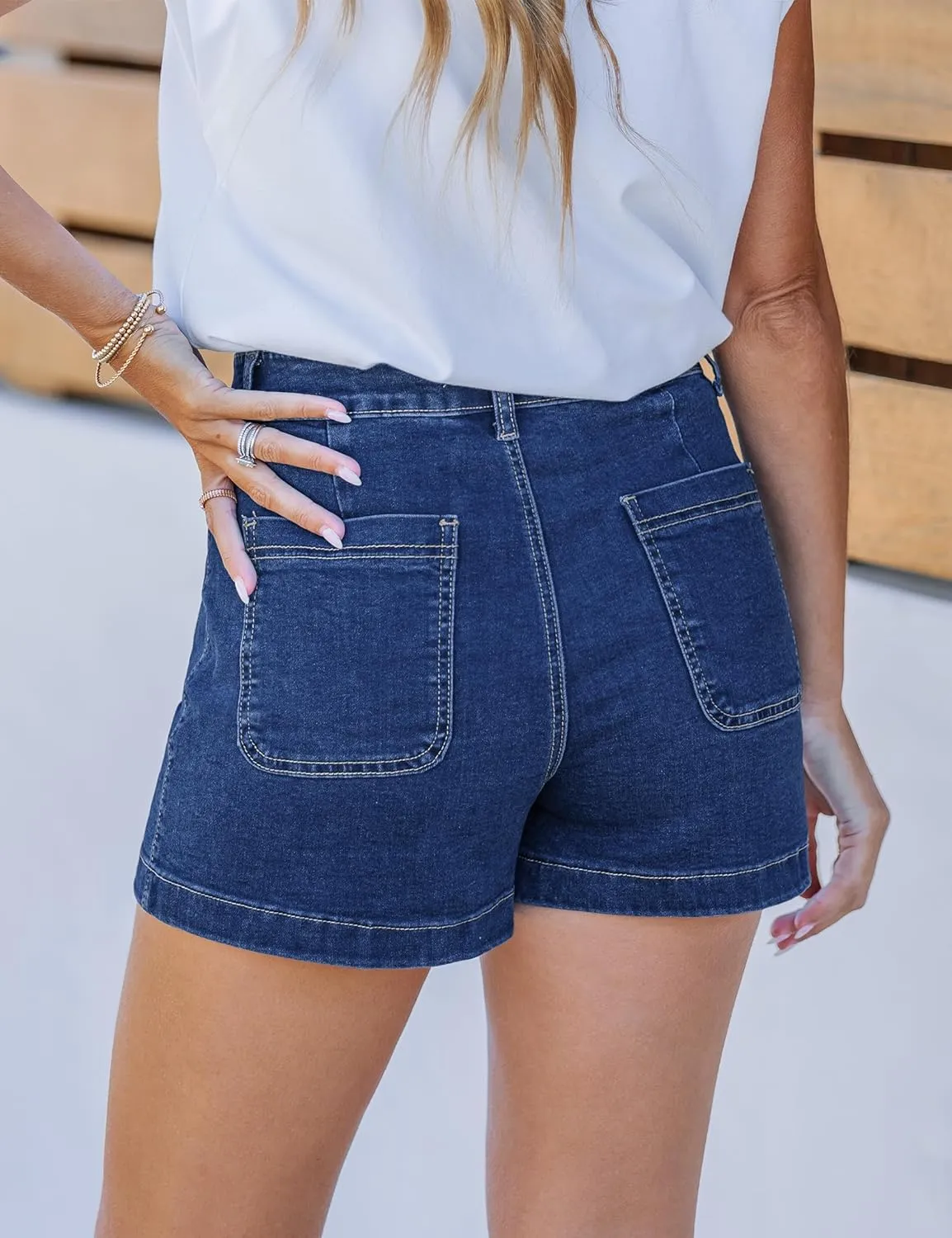 luvamia Jean Shorts for Women High Waisted Trendy Flat Pockets Cutoff Stretchy Denim Shorts Casual Summer