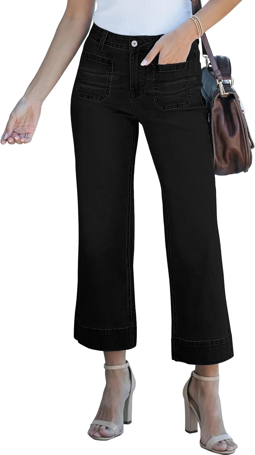 luvamia Wide Leg Jeans for Women Trendy High Waisted Flare Jeans Cropped Denim Pants Stretchy Baggy with Patch Pockets