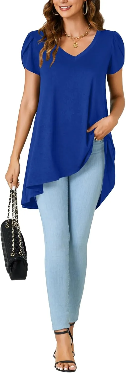 LYANER Women's V Neck High Low Hem Short Sleeve Flowy Blouse Tunic T-Shirt Top