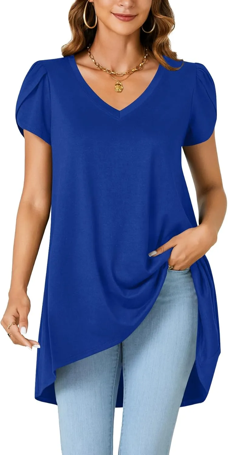 LYANER Women's V Neck High Low Hem Short Sleeve Flowy Blouse Tunic T-Shirt Top