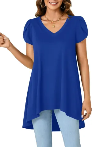 LYANER Women's V Neck High Low Hem Short Sleeve Flowy Blouse Tunic T-Shirt Top