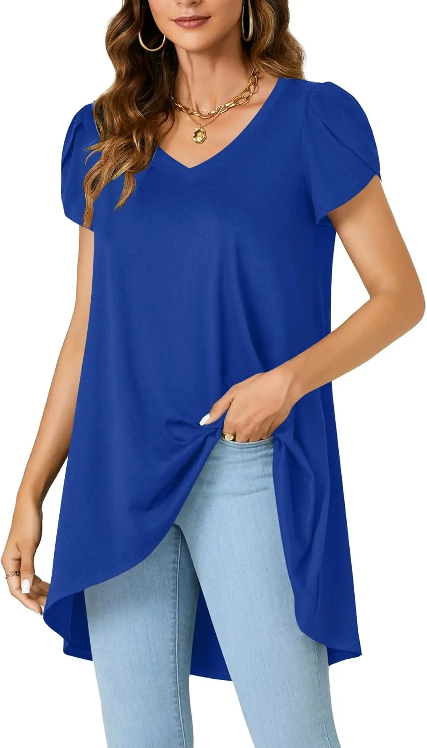 LYANER Women's V Neck High Low Hem Short Sleeve Flowy Blouse Tunic T-Shirt Top