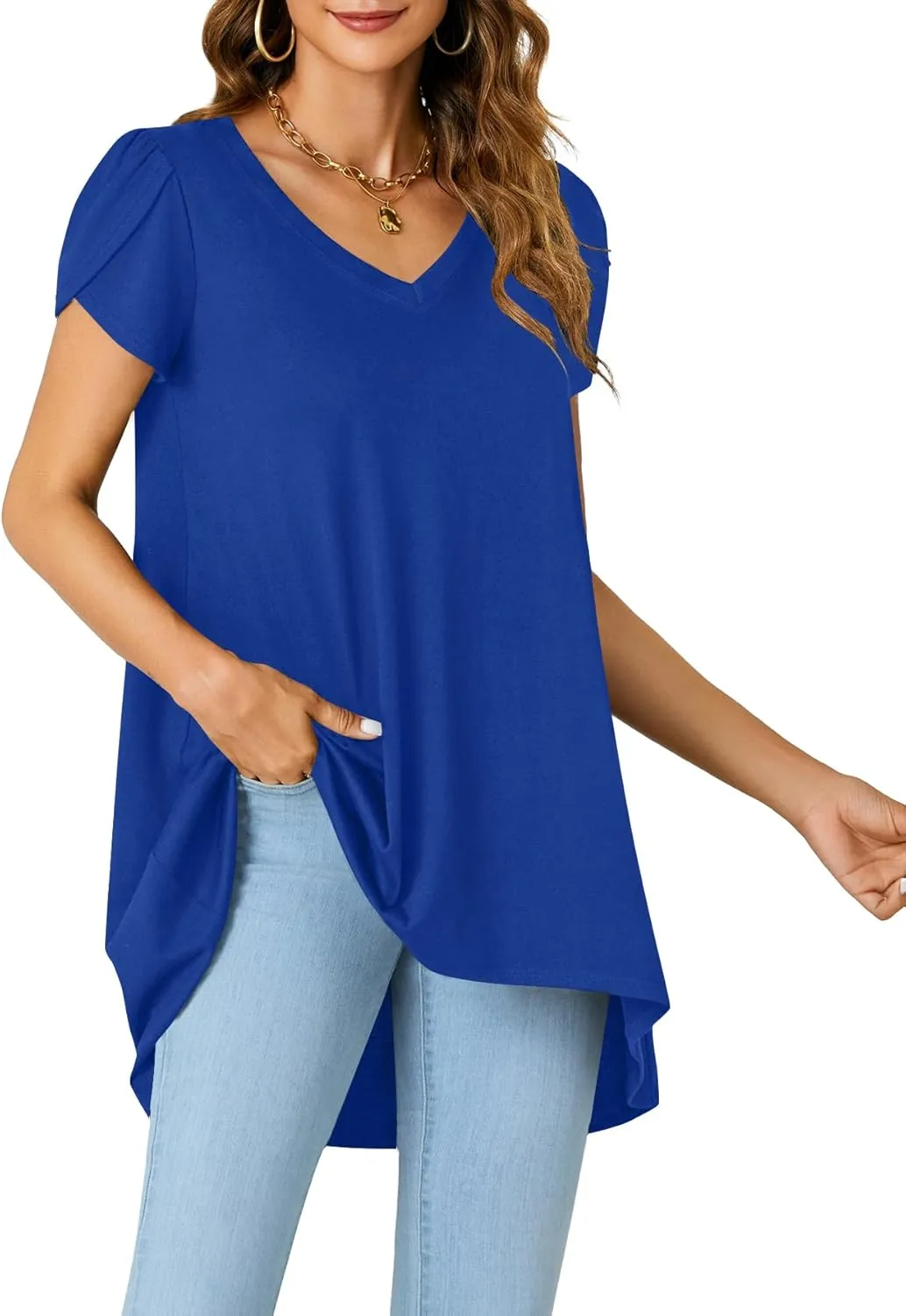 LYANER Women's V Neck High Low Hem Short Sleeve Flowy Blouse Tunic T-Shirt Top