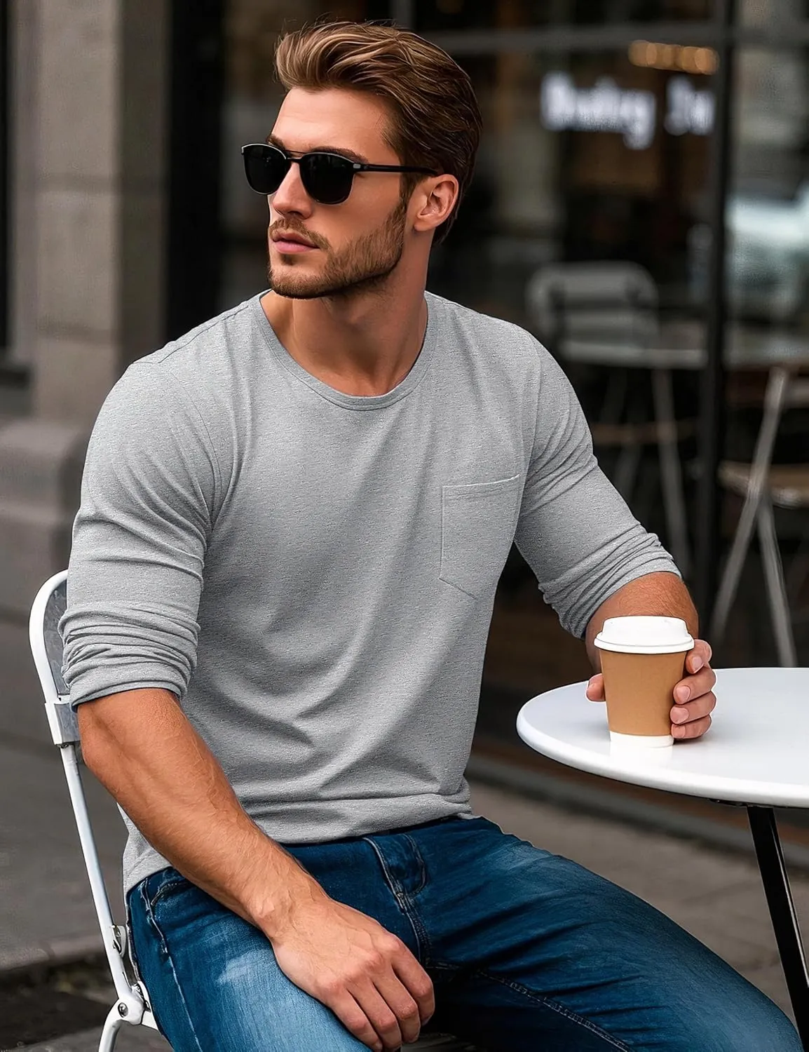 MAGCOMSEN Men's Long Sleeve Shirt with Pocket Cotton Crew Neck Shirts Casual Lightweight T-Shirt
