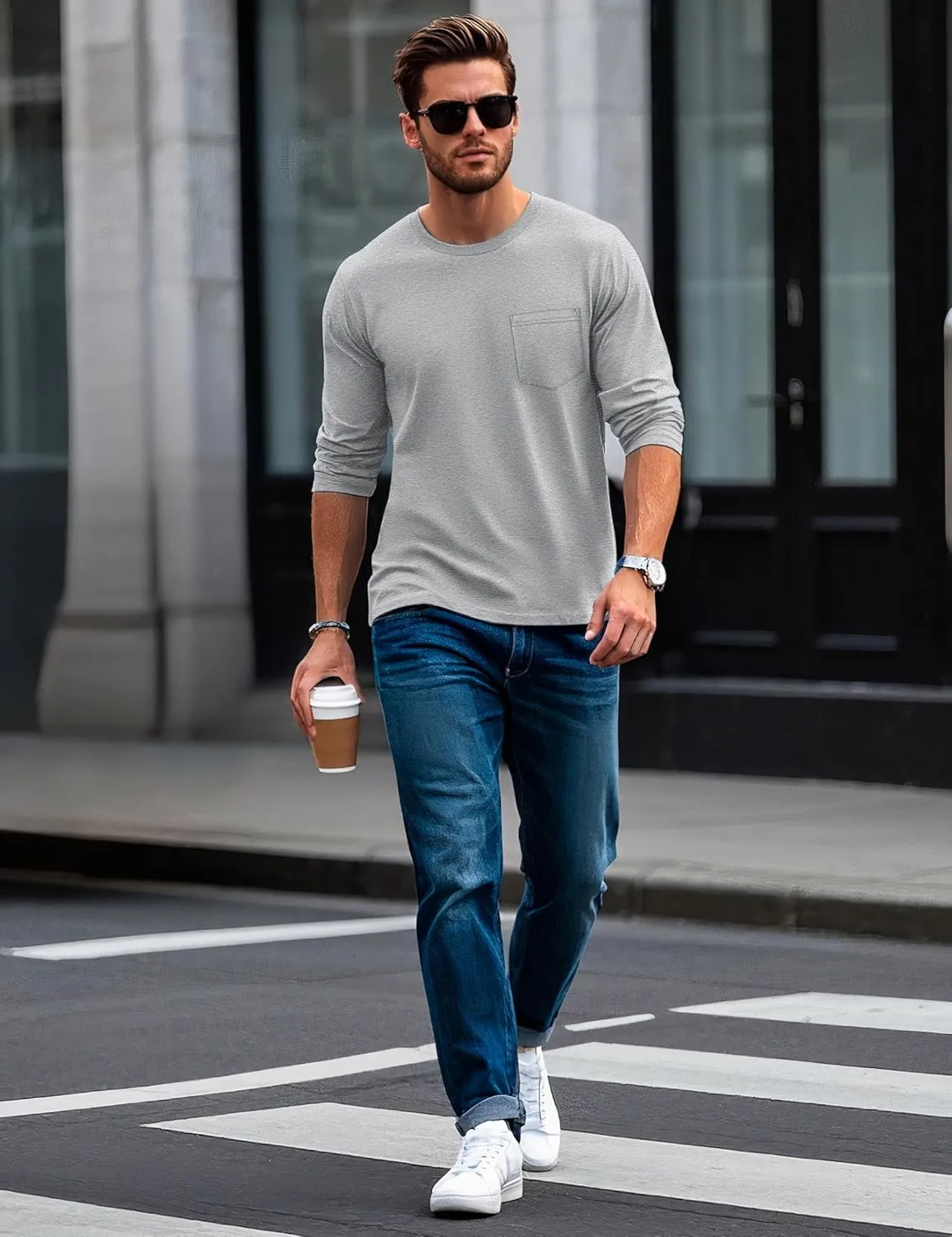 MAGCOMSEN Men's Long Sleeve Shirt with Pocket Cotton Crew Neck Shirts Casual Lightweight T-Shirt