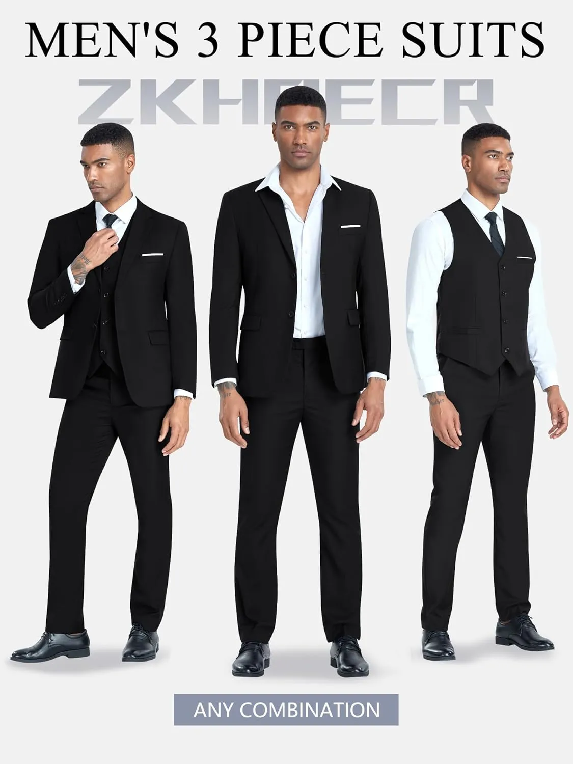 Men's 3 Piece Slim Fit Suit Set, Two Button Blazer Solid Jacket Vest Pants Wedding Business Suit