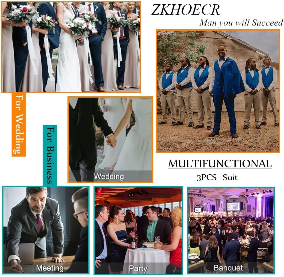 Men's 3 Piece Slim Fit Suit Set, Two Button Blazer Solid Jacket Vest Pants Wedding Business Suit
