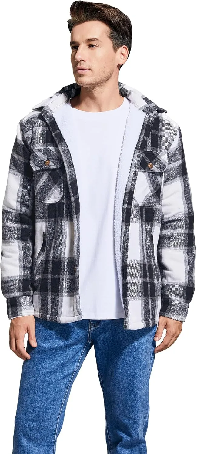 Men's Cotton Flannel Shirt Jacket Fleece Lined Long Sleeve Plaid Shirt for Men