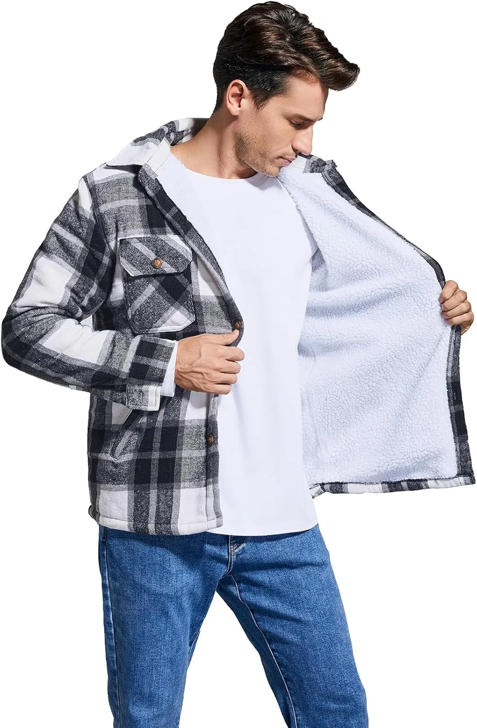Men's Cotton Flannel Shirt Jacket Fleece Lined Long Sleeve Plaid Shirt for Men