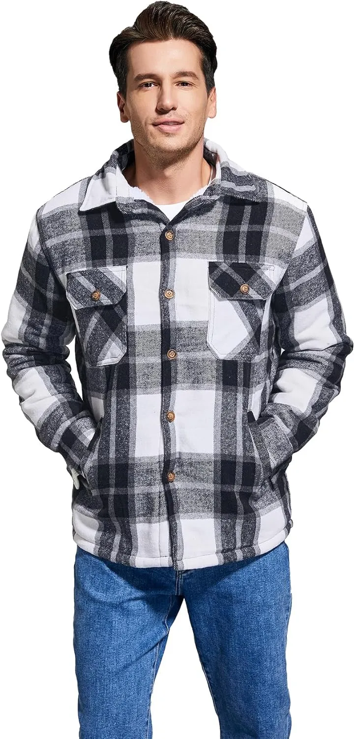 Men's Cotton Flannel Shirt Jacket Fleece Lined Long Sleeve Plaid Shirt for Men