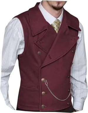 Mens Double Breasted Classic Vests Groomsman Wedding Waistcoat Wide Lapel Suede Leather Casual Business Vest for Men