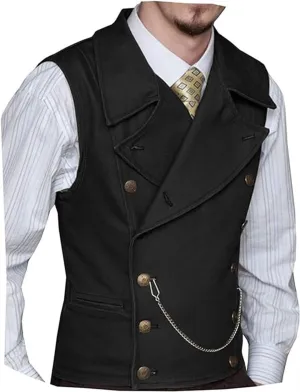 Mens Double Breasted Classic Vests Groomsman Wedding Waistcoat Wide Lapel Suede Leather Casual Business Vest for Men